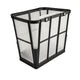 Black metal laundry basket with transparent plastic sides on a white background