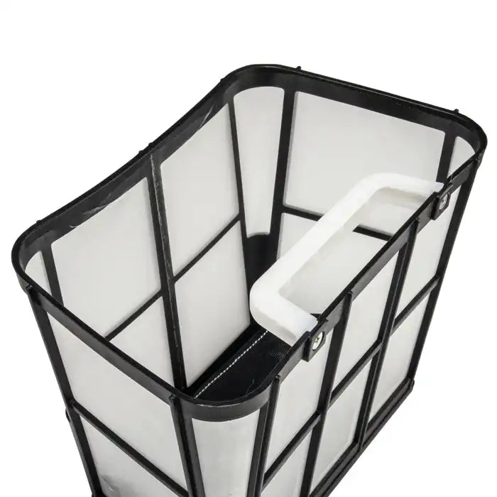 Black metal bike basket with white handle on a white background