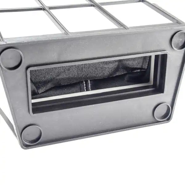 Metallic square object with a mesh panel on a white background
