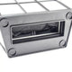 Metallic square object with a mesh panel on a white background