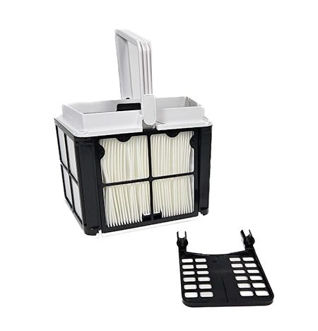 Vacuum filter cartridge with black frame and white pleated filter on a white background