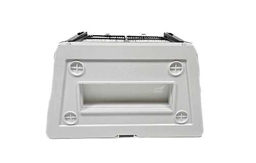 White plastic component with circular holes on a white background