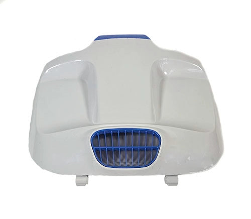 White electronic device with blue accents on a white background