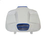 White electronic device with blue accents on a white background