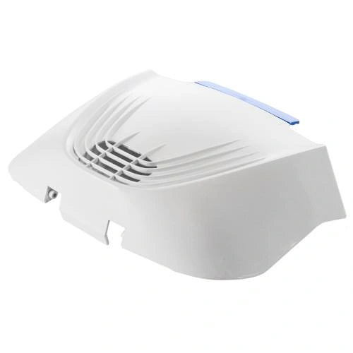 White electronic device with a blue light on a white background
