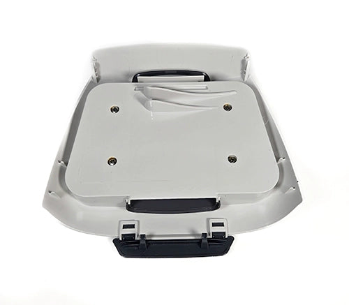 White plastic component with black accents on a white background
