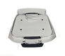 White plastic component with black accents on a white background