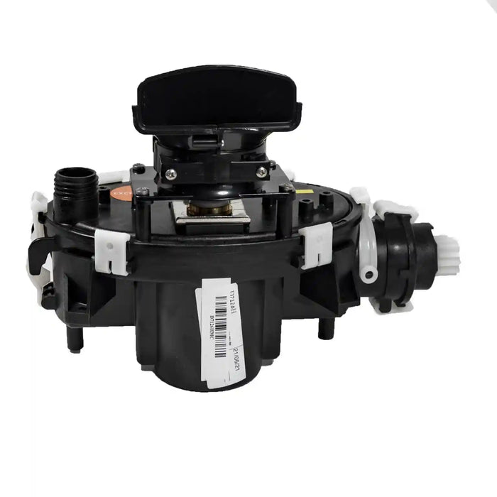Black mechanical component with a barcode label on a white background