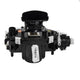 Black mechanical component with a barcode label on a white background