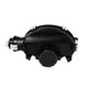 Black mechanical component on a white background