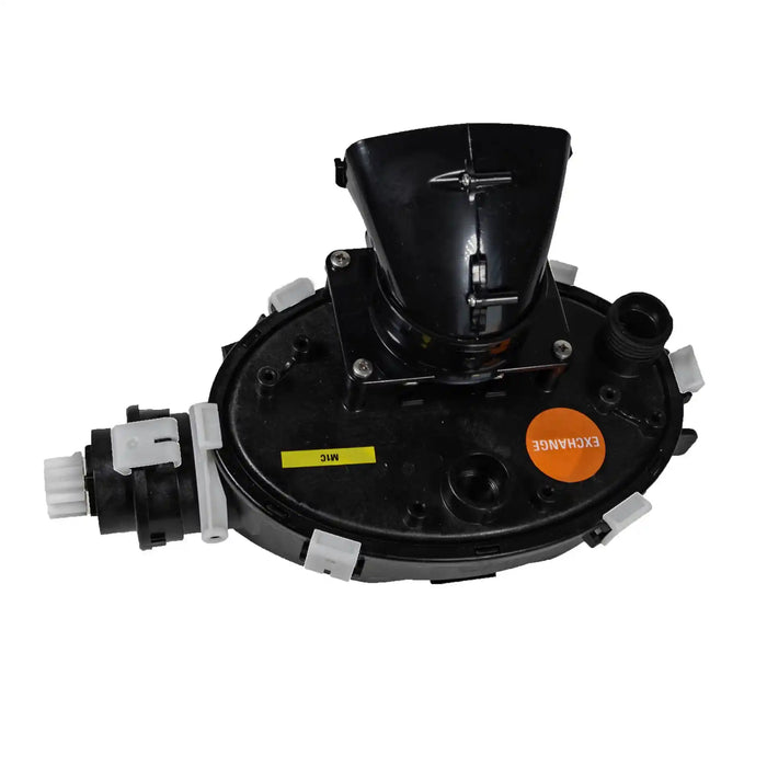 Black mechanical component with visible branding on a white background