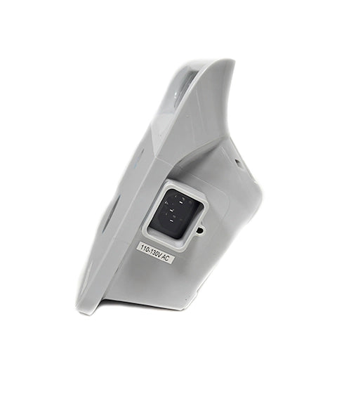Gray electronic device with a power socket on a white background