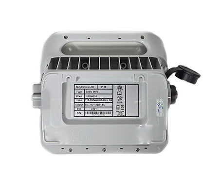 Gray electronic device with a label on a white background