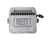 Gray electronic device with a label on a white background