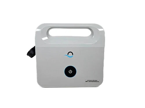White portable device with handles and power indicator on a white background