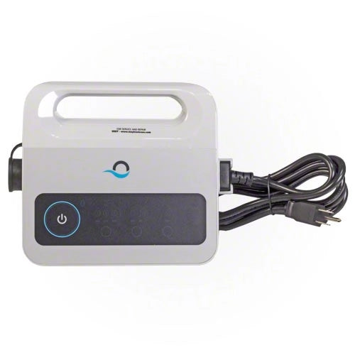 White electronic device with power cord on a white background