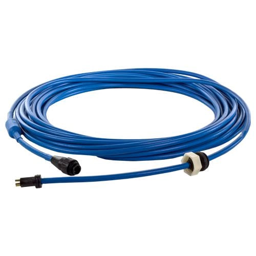 Coiled blue cable with connectors on a white background
