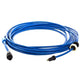 Coiled blue garden hose with black connectors on a white background