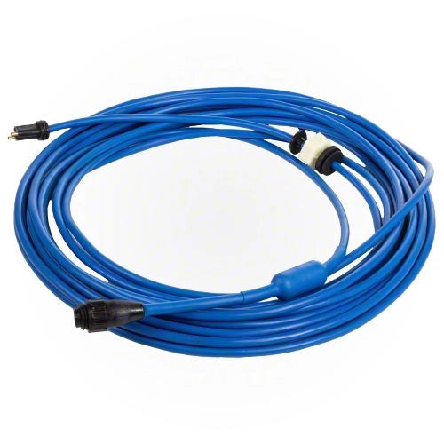 Coiled blue cable with black connectors on a white background