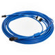 Coiled blue cable with black connectors on a white background