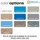 Color options for Sunplay products with swatches labeled as radiant white, marine blue, silver gray, taupe, royal blue, pewter gray, vortex blue, sandstone, gray granite, and pebble.
