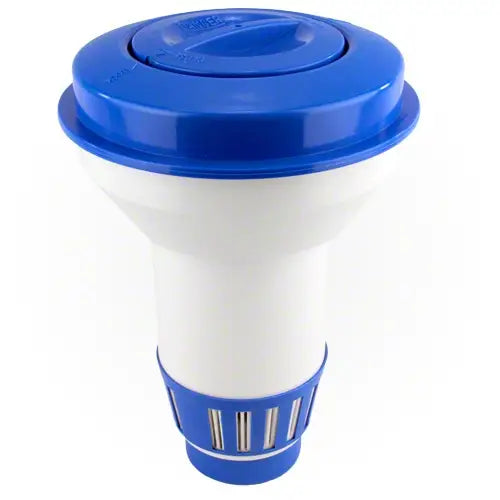 White travel mug with blue lid and handle on a white background