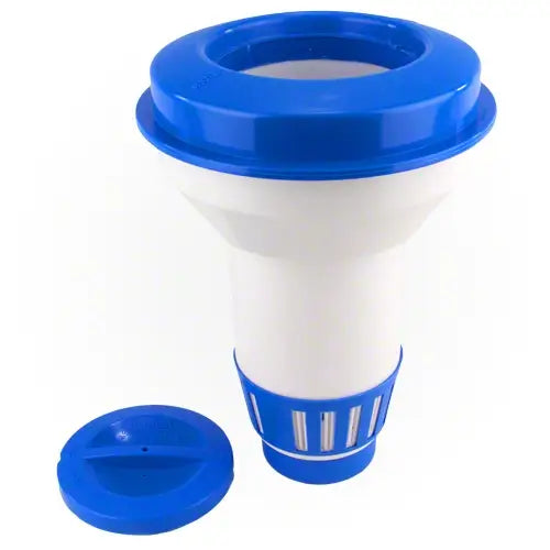 White plastic funnel with blue accents on a white background