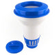 White plastic funnel with blue accents on a white background