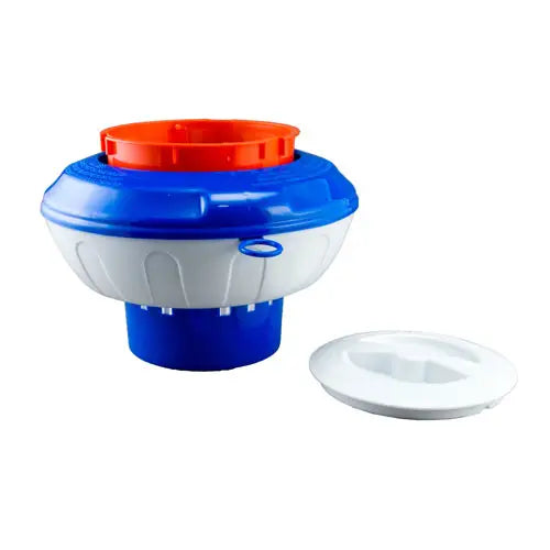 Blue and white plastic container with an orange top on a white background