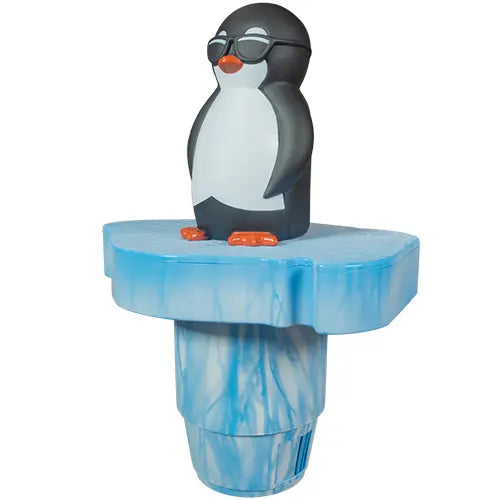 Penguin figurine on an iceberg with sunglasses on a white background