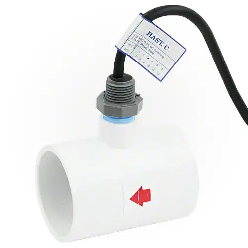 White PVC pipe fitting with a red arrow and gray fitting on a white background