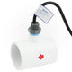White PVC pipe fitting with a red arrow and gray fitting on a white background
