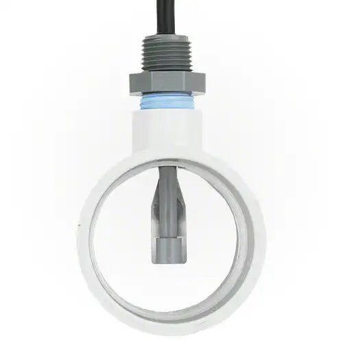 Close-up of a white circular component with a metal rod and threaded fitting on a white background