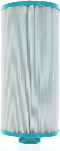 Cylindrical filter with blue top and bottom on a white background