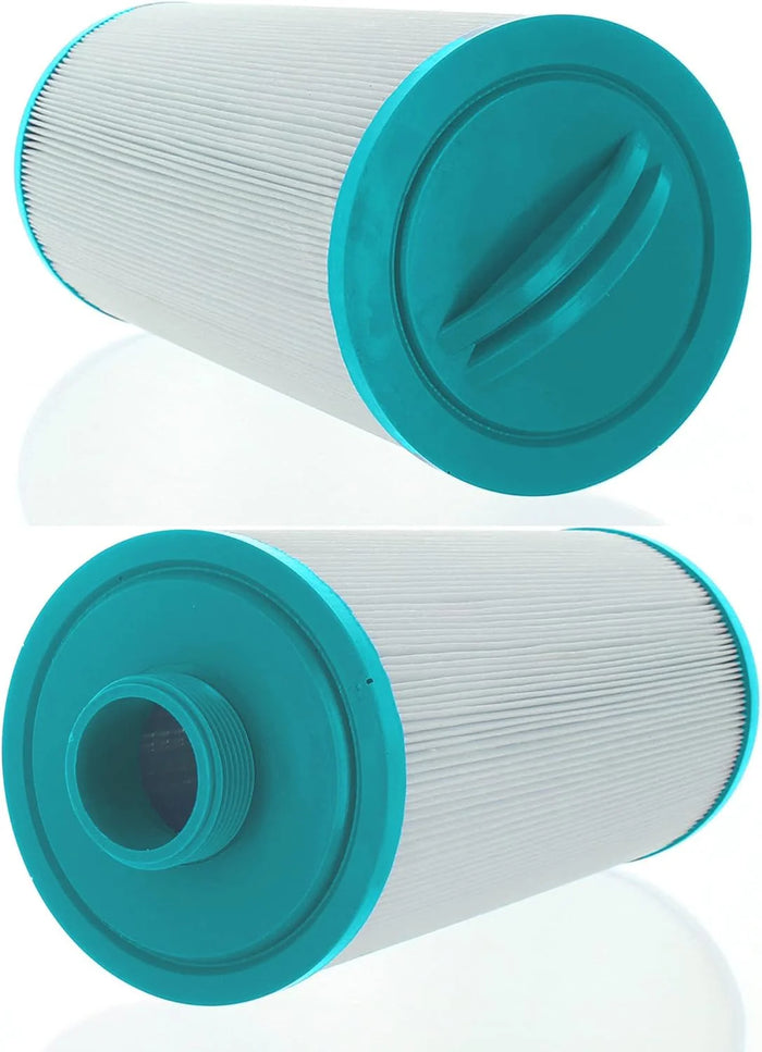 Two cylindrical filter cartridges with teal ends on a white background