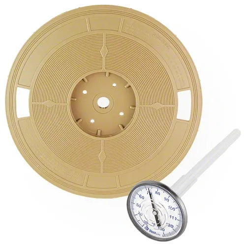 Gold-colored reel of tape with a temperature gauge on a white background