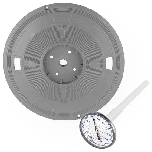 Gray rubber belt on a spool with a temperature gauge on a white background