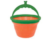 Orange colander with green handle on a white background