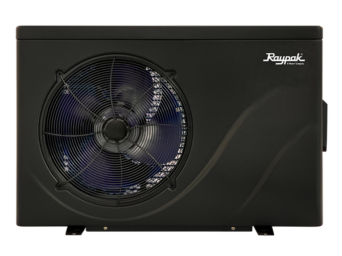 Black Raypak heat pump with fan on a white background