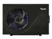 Black Raypak heat pump with fan on a white background