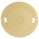 Round beige manhole cover with embossed text on a white background