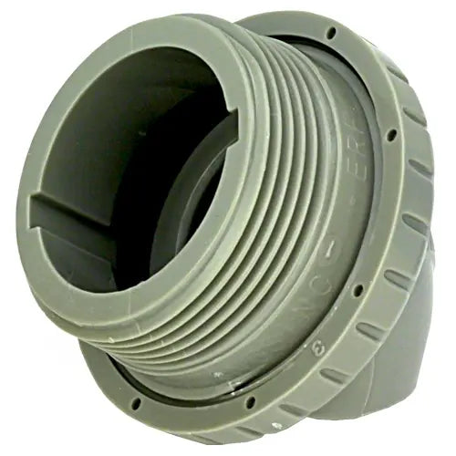 Gray plastic fitting with threaded design on a white background